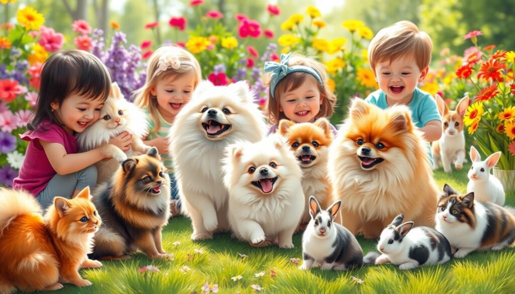 Pomeranians with children and pets